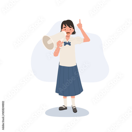 a schoolgirl with megaphone pointing upward showing themes of leadership education campaign activism and student involvement