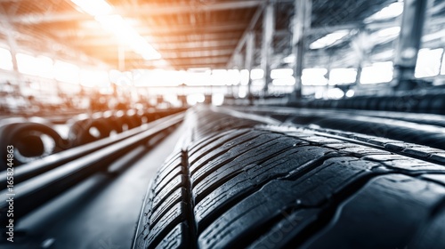 Close up of tire in industrial warehouse setting with soft lighting