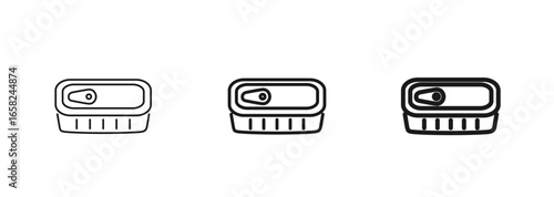 Tin can with pull tab for canned food, sardines, or tuna. Web icon in thin, regular, and bold styles. Perfect for packaging design, food apps, preserved goods illustrations. Vector isolated on white