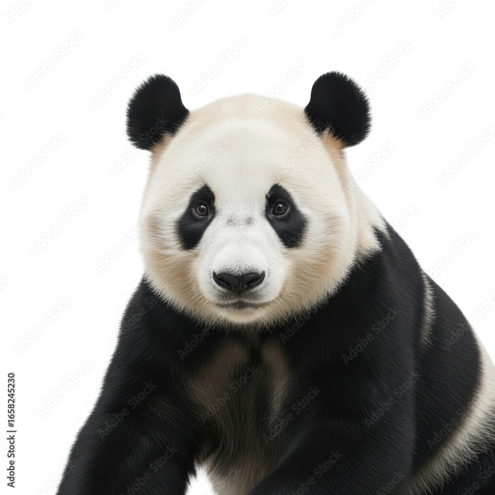 Fototapeta premium Charming portrait of a fluffy panda bear with expressive eyes on white backdrop