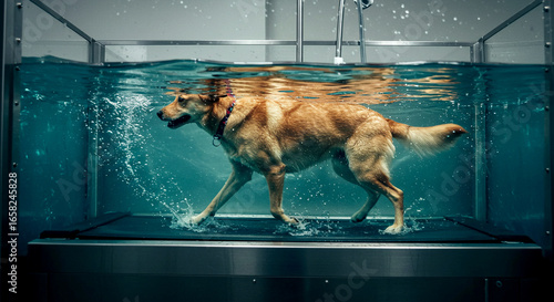 Dog Walking on Underwater Treadmill in Transparent Tank During Hydrotherapy Session with Splashing Water