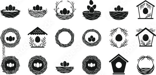 Bird nest icon set, egg silhouette vector, birdhouse graphic collection, spring nature symbol, wildlife illustration, black and white design