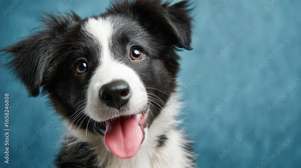 Fototapeta premium Studio shot of happy Border Collie puppy gazing at camera, tongue out playfully, blue background, family pet banner, 3D render with textured base
