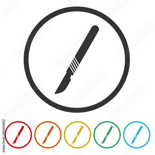 Scalpel knife symbol icon. Set icons in color circle buttons