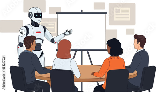 Robot presenter leads a meeting with four human colleagues around a table. Futuristic scene of collaboration, AI integration, and workplace innovation.
