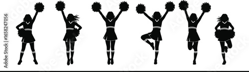 Cheerleader silhouette vector, pom pom dance pose, megaphone icon set, black and white graphic, sports spirit illustration, isolated design