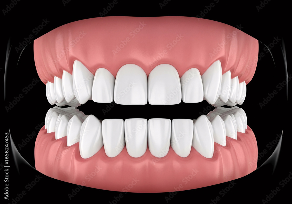 Obraz premium Close up frontal view of a healthy human mouth showing perfectly aligned white teeth and pink gums against a black background