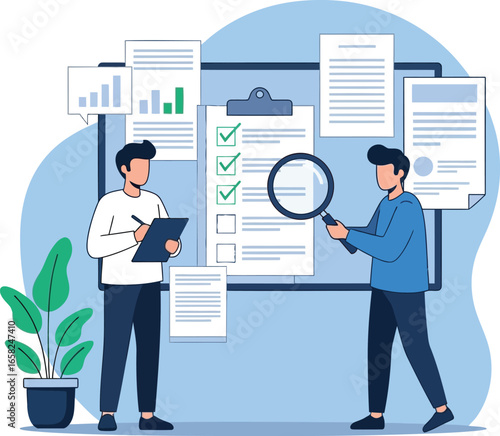 Two human office workers analyze documents and checklists with a magnifying glass. Conceptual scene of data review, productivity, and workplace organization.