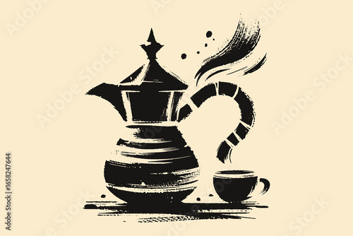 Coffee pot and cup brush sketch black silhouette vector illustration
