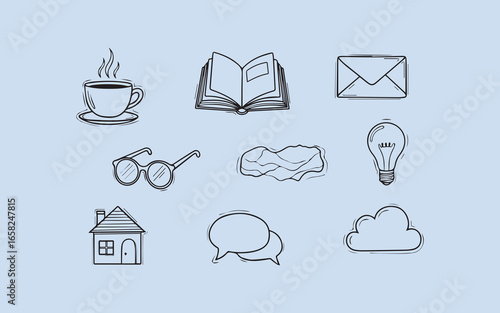 Collection of hand drawn sketch icons representing ideas and daily life