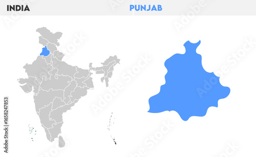Punjab administrative map, Indian states, suitable for education, business, presentations, print, web use, and creative geographic projects. Indian union territory.