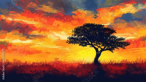 A solitary tree silhouetted against a vibrant sunset with colorful clouds and grassy foreground landscape