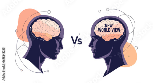 Two heads facing each other, comparing ideas and perspectives, one with a new world view concept