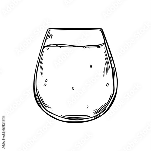 Full glass with refreshing carbonated drink monochrome vector isolated illustration in linear outline style. Mineral water with bubbles etching drawing. Sparkling tonic for menu, hydration design