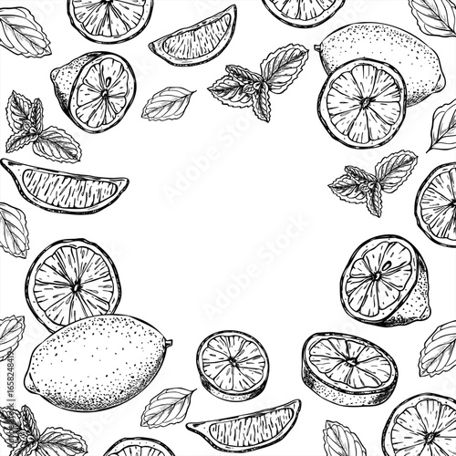 Fresh lemons and mint leaves herb vector isolated square frame with copy space for text. Monochrome citrus among aromatic greenery etching drawing. Lemonade ingredients for cold summer drink