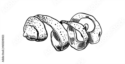 Whole spiral lemon peel vector illustration. Hand drawn outline citrus zest in twist shape line art. Monochrome aromatic fruit ingredient for beverage, bar menu, healthy food, cookbook design