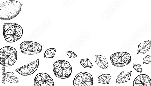 Lemon slices and mint leaves vector isolated rectangle frame with empty space for text. Monochrome citrus fruit, aromatic herbs etching drawing. Mojito ingredients for healthy cold and hot drink