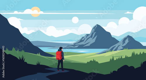 Adventurous hiker with red backpack gazes at breathtaking mountain lake landscape under sunny sky