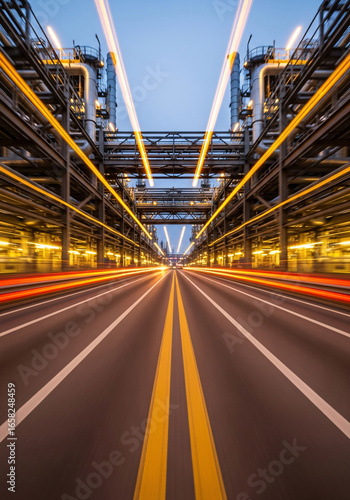 Abstract perspective of a highway with light trails leading towards a futuristic industrial complex at dusk with dramatic lighting
