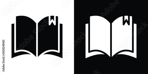 Open Book Icon with Bookmark, Isolated on White and Black Background