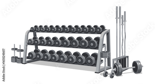 Modern gym equipment set with dumbbells, barbells, and weight plates for intense workouts