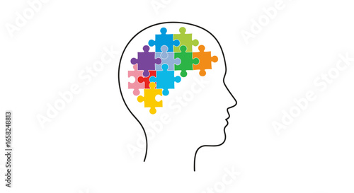 Colorful puzzle pieces forming a human brain inside a silhouette head, symbolizing thought and cognition.