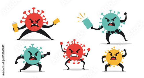 Angry cartoon viruses fight with objects symbolizing conflict and aggression