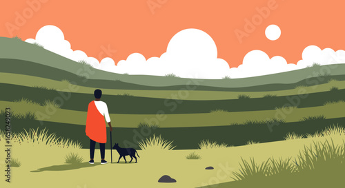 Man and dog gaze at serene rolling hills under a vibrant sunset sky