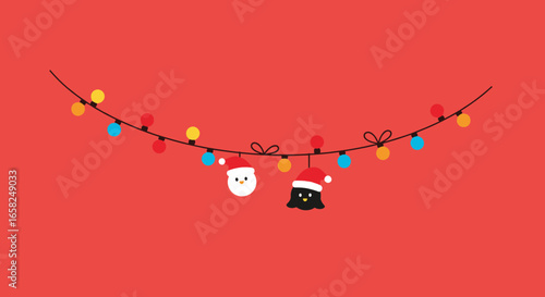 Charming festive string lights with Santa and penguin characters on a vibrant red background.