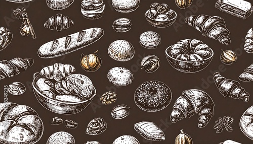 Hand-Drawn Bakery Delights on Dark Background Seamless Pattern