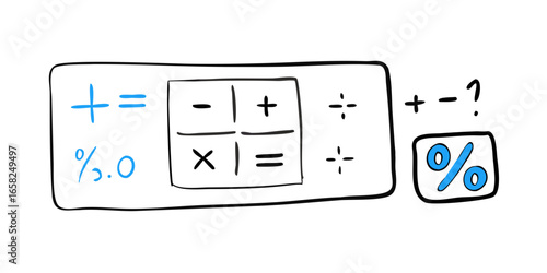 A handdrawn calculator with various mathematical symbols, illustrating basic arithmetic operations and calculations