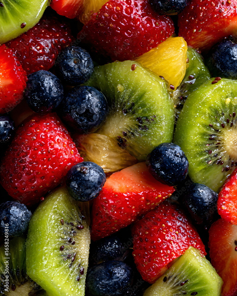 Obraz premium close-up of fruit salad with kiwi, strawberries, and blueberries