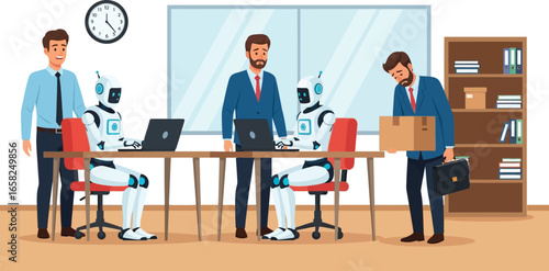 Office scene with robots replacing human workers. One man leaves with a box while others observe. Conceptual illustration of automation, AI takeover, and job displacement