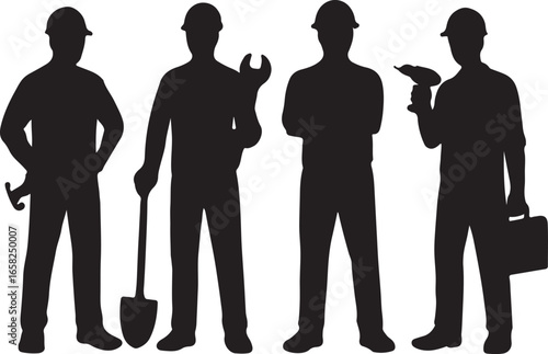 Silhouettes of construction workers holding tools and equipment