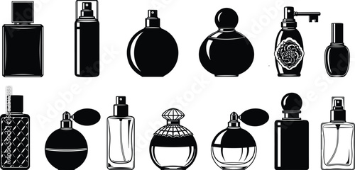 Perfume bottle silhouette set, black and white fragrance icon, vintage atomizer design, elegant cosmetic packaging, vector beauty illustration