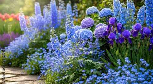 Fototapeta Naklejka Na Ścianę i Meble -  Lush Flowerbed Displaying a Variety of Blue and Purple Blossoms in Garden