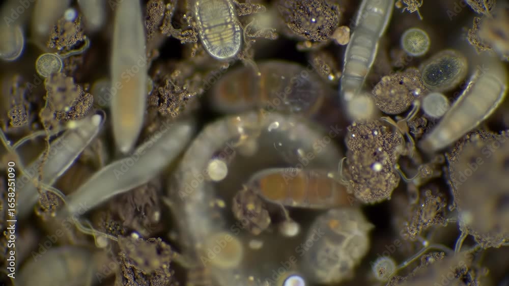 Microscopic view of soil with microorganisms, nematodes and protozoa ...