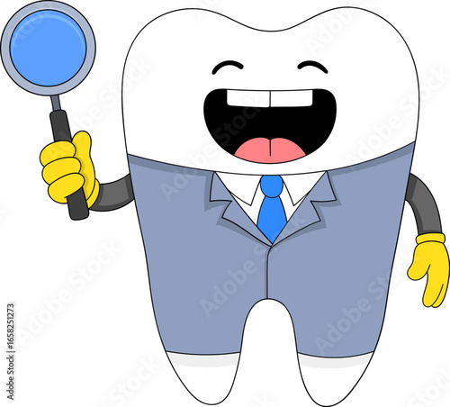 Cartoon Healthy Tooth Character in Doctor Costume Holding Magnifying Glass