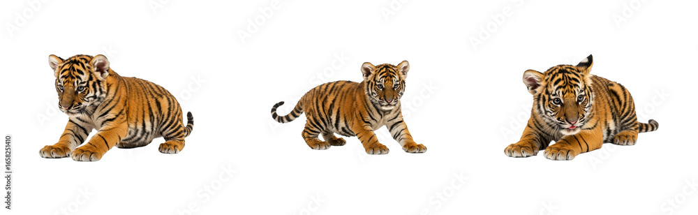 Obraz premium Playful tiger cubs in natural habitat wildlife captivating forest setting. Set PNG