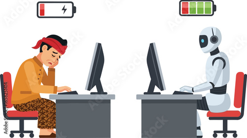 Traditional Indonesian man exhausted at desk with low battery icon, while robot beside him shows full energy. Satirical illustration of human fatigue vs AI efficiency.