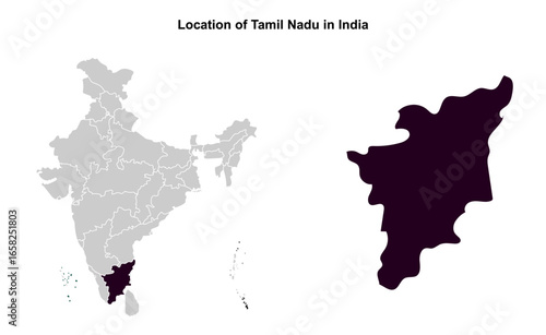 Tamil Nadu illustration map, Indian states, suitable for education, business, presentations, print, web use, and creative geographic projects. Indian union territory.