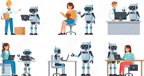 Various robots assisting humans in different jobs—construction, education, healthcare, and office work. Conceptual illustration of AI integration across professions.