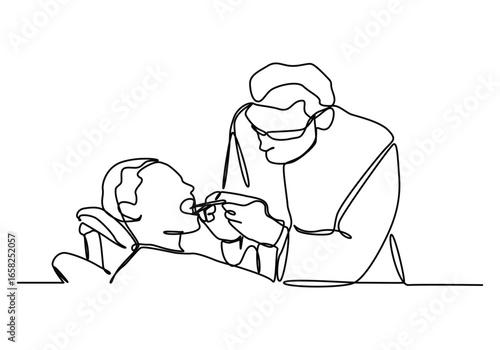 Single continuous line drawing of young male dentist examining patient teeth condition and doing tooth filling, Medical health care treatment concept