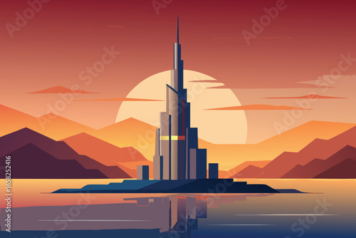 A stunning minimalist illustration of a modern skyscraper reflecting in tranquil waters during sunset.
