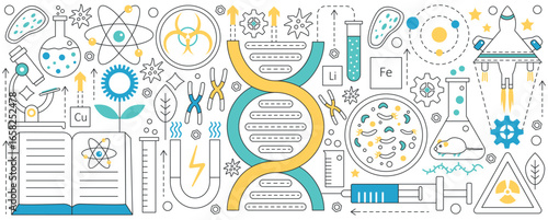 Genetics and bioengineering, thin line scientific laboratory equipment and structures vector illustration. Abstract science analysis, DNA data research, biotechnology and microbiology background