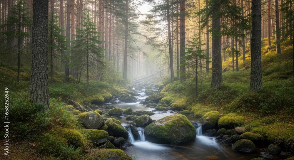 Obraz premium Enchanting Forest Stream with Mossy Rocks and Mystical Fog a Natural Paradise for Outdoor Adventure Seekers and Nature Enthusiasts