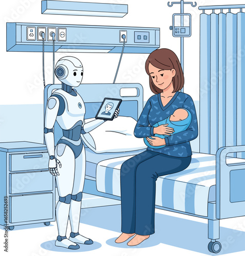 Robot nurse showing tablet to mother holding newborn in hospital room. Conceptual illustration of AI in maternal healthcare, digital support, and smart medical assistance.