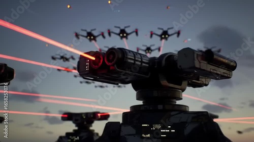 Futuristic defense system shooting down drones at twilight