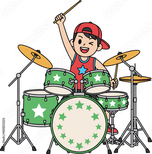 Cartoon boy playing drums, fun music performance illustration, young drummer with drumsticks and drum set, musical character design for animation, print, vector