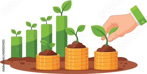 Hand planting seedlings on stacks of coins with green bar chart in background. Conceptual illustration of sustainable investment, financial growth, and eco-friendly economy.